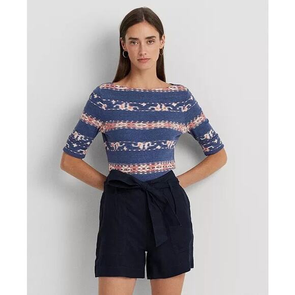 Lauren Ralph Lauren Boatneck Tee Blue Pink Print Embroidered Petite M - Picture 1 of 12